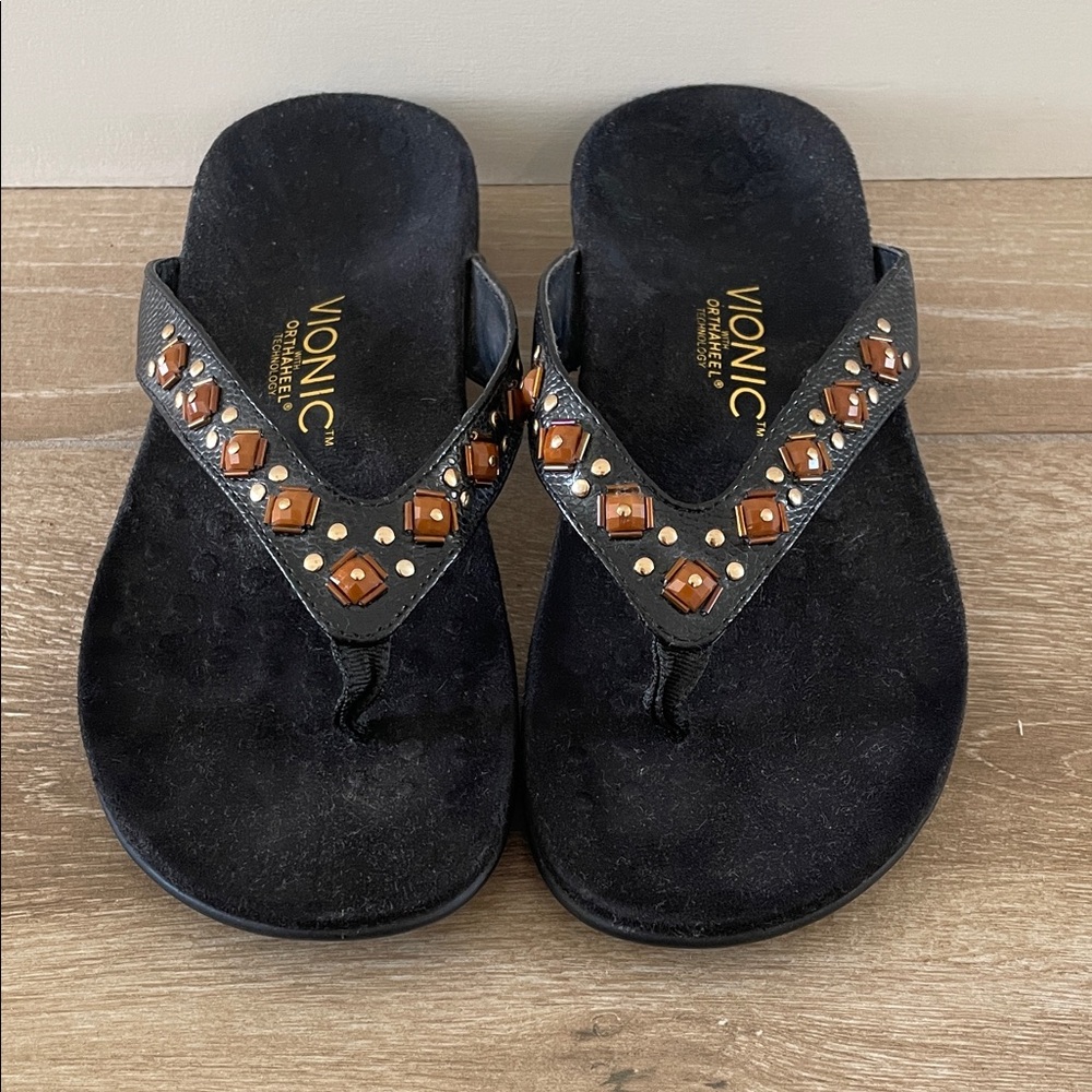 Vionic Black Sandals with Brown Accents